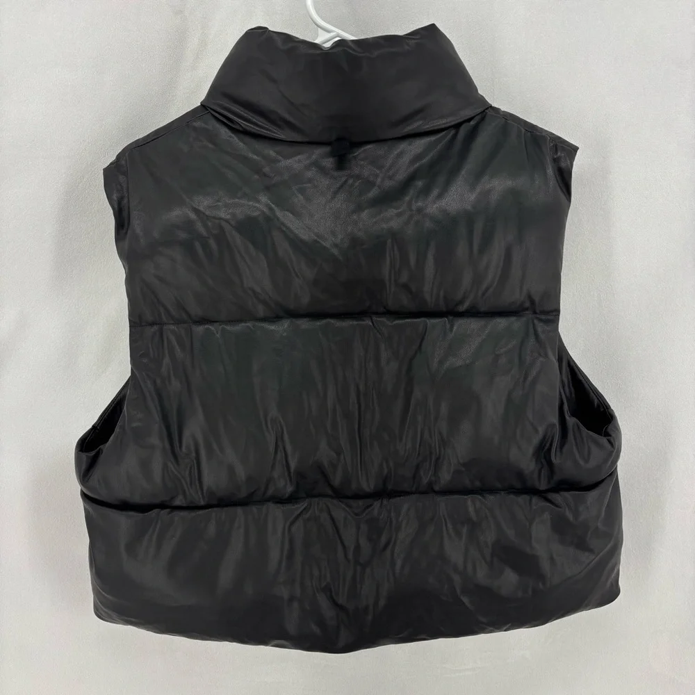 ZARA Faux Leather Black Puffer Vest Women’s Size Large Zip Front Sleeveless Warm